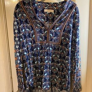 LOFT Women's Navy and Orange Patterned Blouse